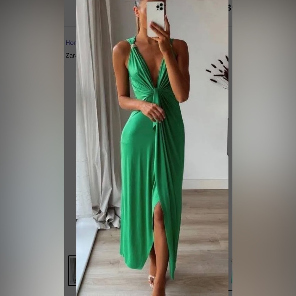 ZARA beaded knotted green dress